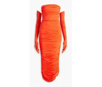 Strapless ruched neon stretch-jersey midi dress - Orange