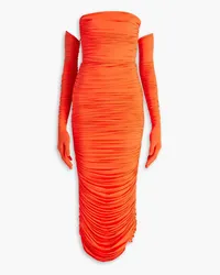 Alex Perry Strapless ruched neon stretch-jersey midi dress - Orange Orange