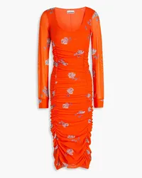 Ganni Ruched floral-print mesh midi dress - Orange Orange