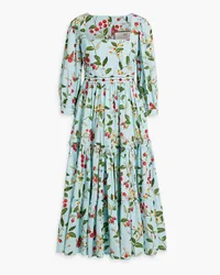 AGUA BENDITA Miel Frutal embroidered tiered floral-print cotton-poplin midi dress - Blue Blue