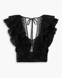 Charo Ruiz Nico cropped ruffled guipure lace-trimmed cotton-blend poplin top - Black Black