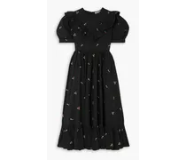 May ruffled embroidered cotton-poplin midi dress - Black