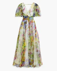 Badgley Mischka Wrap-effect floral-print silk-organza maxi dress - Green Green