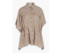 Bead-embellished gathered linen and cotton-blend shirt - Neutral