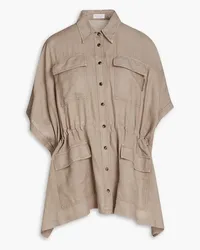 Brunello Cucinelli Bead-embellished gathered linen and cotton-blend shirt - Neutral Neutral