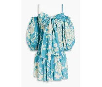 Cold-shoulder bow-embellished floral-print cotton-poplin mini dress - Blue