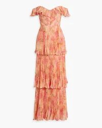 THEIA Cold-shoulder printed plissé metallic fil coupé chiffon gown - Orange Orange