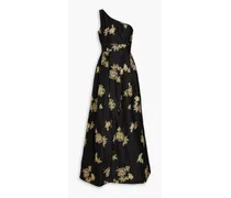 One-shoulder embroidered satin gown - Black