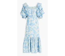 Oliver ruffled printed cotton-jacquard midi dress - Blue