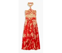 Gathered floral-print crepe halterneck midi dress - Red