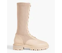 Ribbed-knit and leather combat boots - Neutral