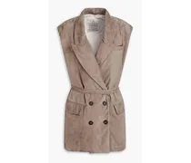 Double-breasted padded suede down vest - Neutral