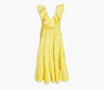 Tiered slub linen and silk-blend gauze midi dress - Yellow