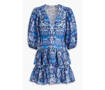 Tiered floral-print linen-blend gauze mini dress - Blue