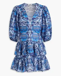 Sandro Tiered floral-print linen-blend gauze mini dress - Blue Blue