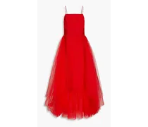 Tulle-paneled pintucked silk-faille gown - Red