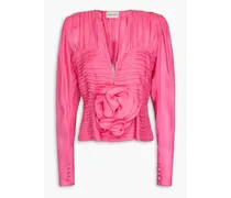 Appliquéd pleated silk-crepe de chine blouse - Pink