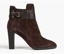 Leather-trimmed buckled suede ankle boots - Brown