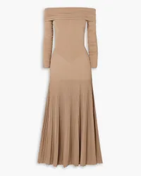 KHAITE Rebecca off-the-shoulder ruched pleated stretch-knit maxi dress - Brown Brown