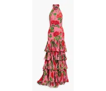 Tiered floral-print cotton-blend sateen halterneck gown - Pink