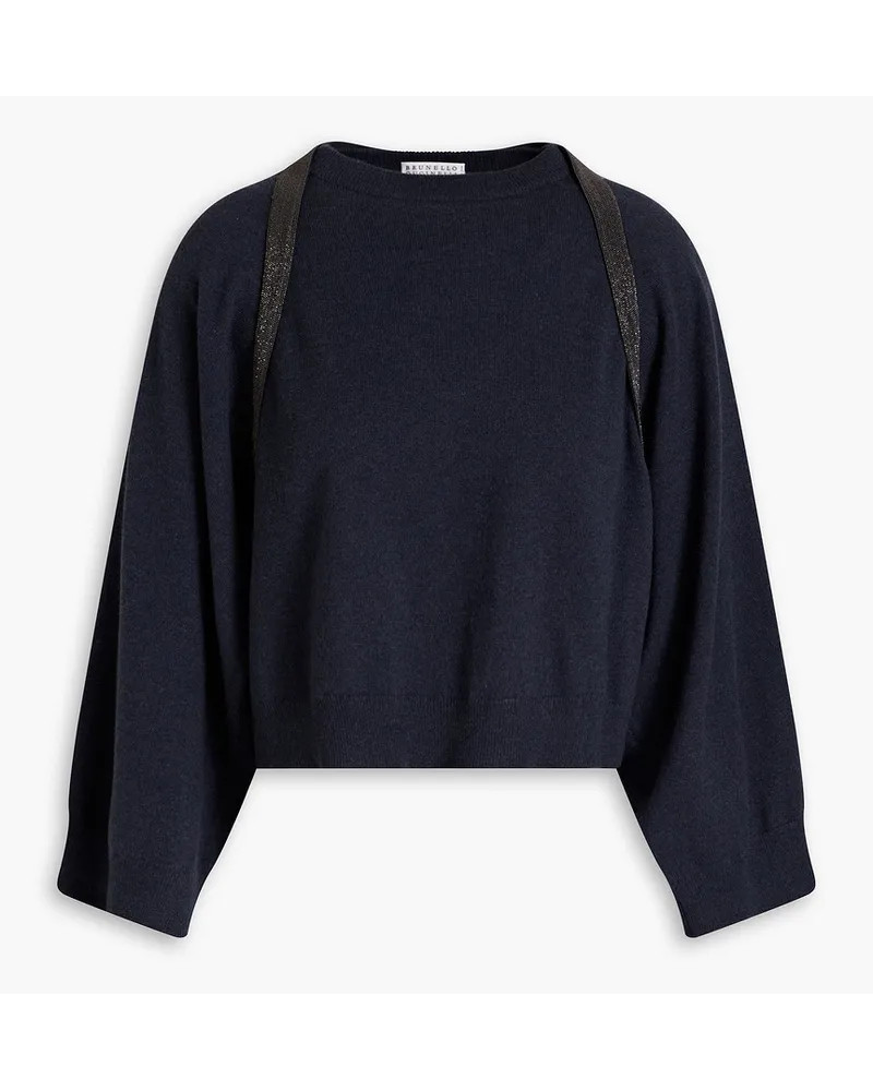 Cropped bead-embellished cutout cashmere sweater - Blue