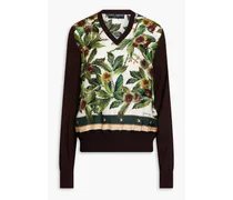 Printed silk-twill paneled cashmere sweater - Green