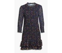 Farha shirred floral-print crepe de chine mini dress - Blue