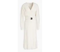 Belted-embellished stretch-wool twill midi wrap dress - White
