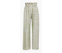 Libra belted checked silk-twill wide-leg pants - Yellow