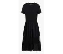 Tiered cotton-jersey, mesh and point d'esprit midi dress - Black