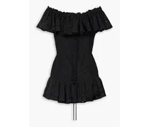 Pia off-the-shoulder ruffled broderie anglaise cotton-blend mini dress - Black
