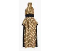 Linen-paneled striped cotton-poplin halterneck maxi dress - Brown