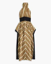 Tory Burch Linen-paneled striped cotton-poplin halterneck maxi dress - Brown Brown