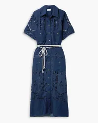 Miguelina Berly belted corded lace and cotton-chambray midi dress - Blue Blue