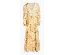 Gathered floral-print crepon maxi dress - Yellow