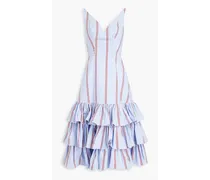 Tiered striped cotton-blend poplin midi dress - Blue