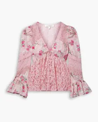 LoveShackFancy Priema embroidered tulle, lace and crochet-trimmed floral-print silk-satin top - Pink Pink