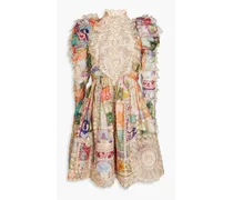 Lace-paneled floral-print linen and silk-blend mini dress - Multicolor