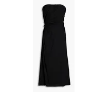 Strapless twisted silk-blend midi dress - Black