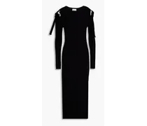 Velvet-trimmed ribbed-knit midi dress - Black
