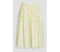 Embroidered gathered cotton-blend midi skirt - White