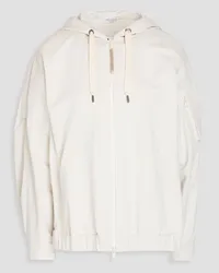 Brunello Cucinelli Shell-paneled bead-embellished French cotton-blend terry zip-up hoodie - White White