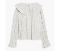 Meadow ruffle-trimmed checked cotton-poplin top - White