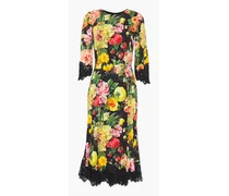 Lace-trimmed floral-print crepe midi dress - Black