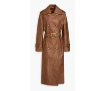 Belted double-breasted faux leather trench coat - Brown