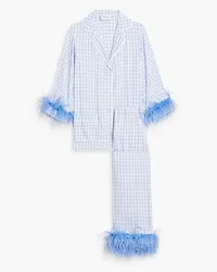 SLEEPER Party checked feather-embellished twill pajama set - Blue Blue