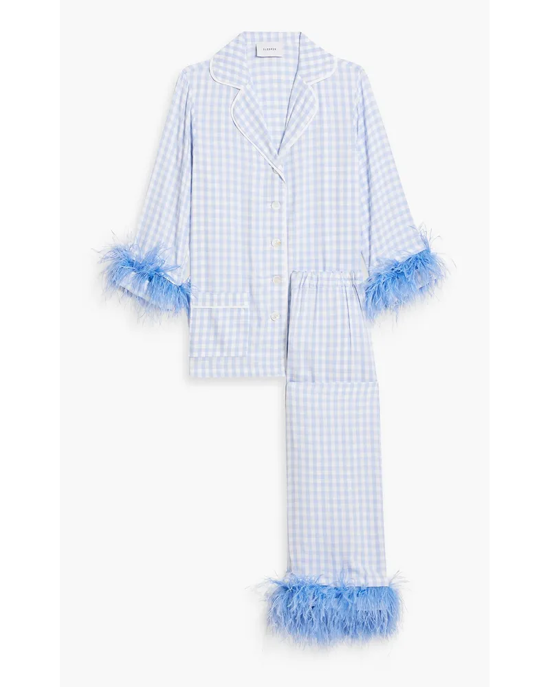 SLEEPER Party checked feather-embellished twill pajama set - Blue Blue