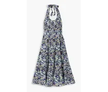 Shirred floral-print cotton-poplin halterneck midi dress - Blue