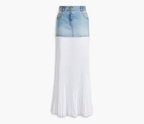 Plissé crepe-paneled faded denim maxi skirt - Blue