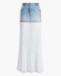 Balmain Plissé crepe-paneled faded denim maxi skirt - Blue Blue